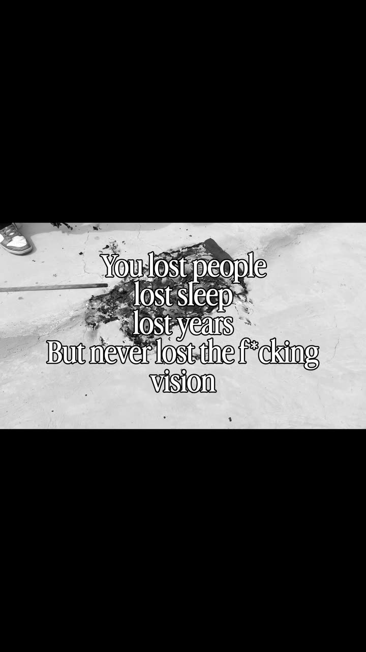 Still from Sidd's intro film: a rooftop at dusk in black and white, where a shirt is burned and swept to ash under the words: lost people, lost sleep, lost years, but never lost the vision.